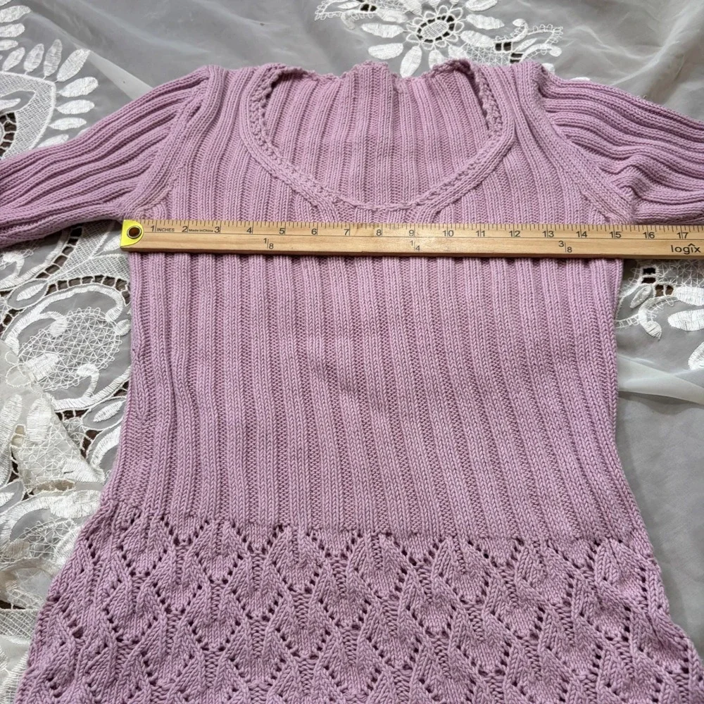 Fairy Lavender Pink Ribbed Knit Pointelle Flare Sleeve Scoop Neck Sweater 0990